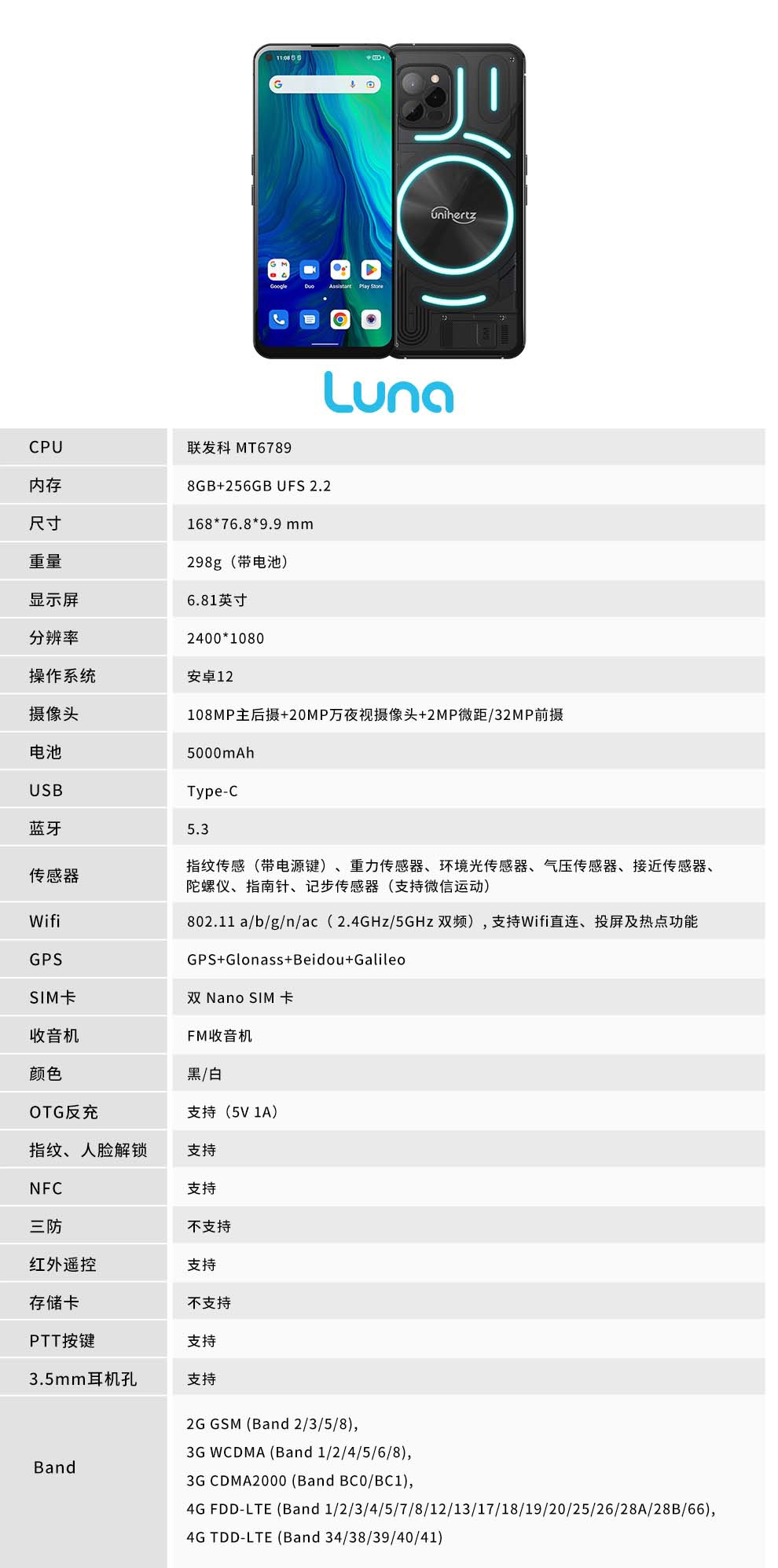 《Unihertz Luna 手机》开始发售：售价1899 元，类 Nothing Phone 灯条后盖