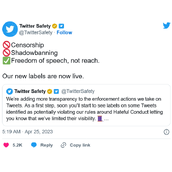 Twitter将在可见度被降权的推文上显示标签
