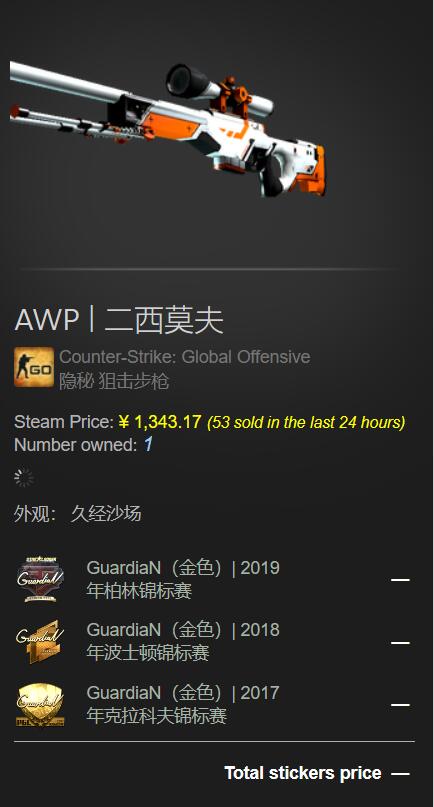 GuardiaN出售八年AWP皮肤 要价1400美元