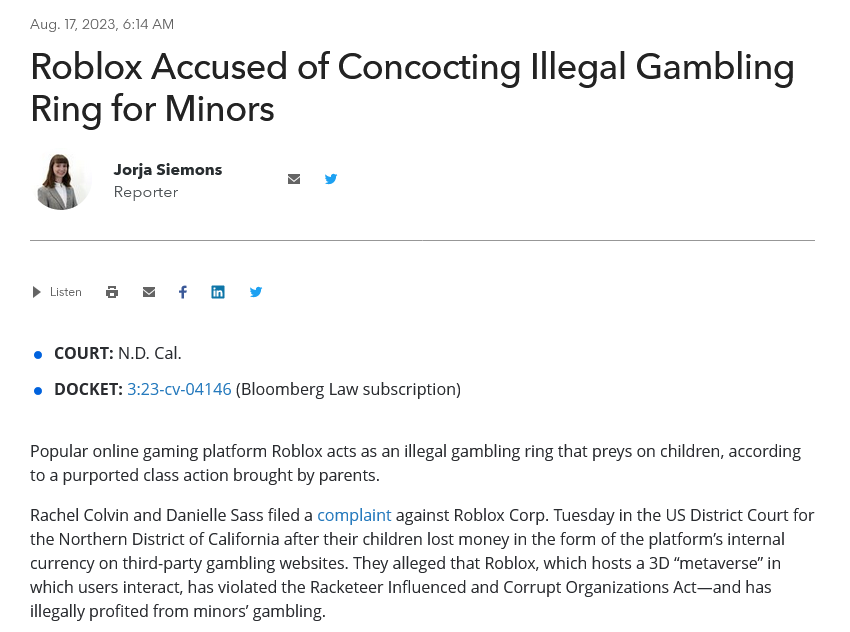 罗布乐思被指为未成年人“非法赌博团伙”提供便利