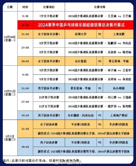 2024乒超联赛总决赛赛程直播时间表 今天（12月30日）比赛对阵名单