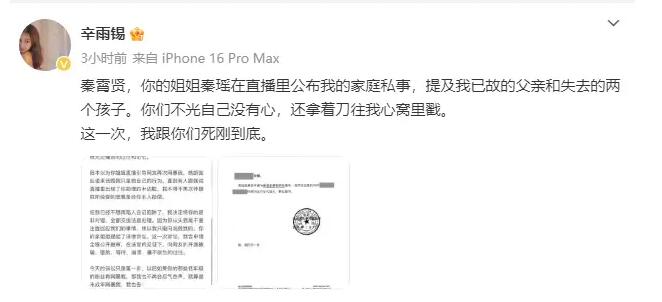 辛雨锡起诉秦霄贤姐姐 喊话：跟你们死刚到底