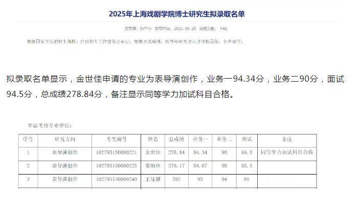 黄晓明上戏考博落榜  金世佳上戏考博上岸