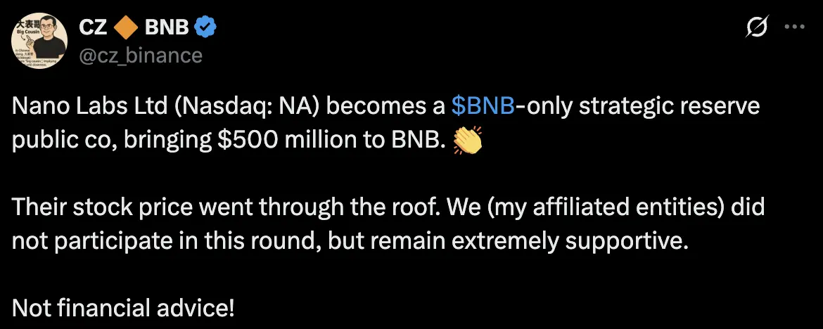 赵长鹏：关联实体未参与 Nano Labs 此轮融资，仍给予大力支持