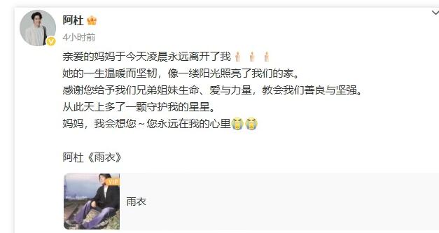 歌手阿杜母亲去世 发文悼念：您永远在我的心里