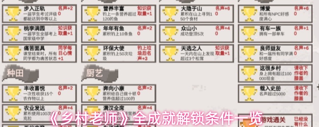 《乡村老师》全成就解锁条件一览