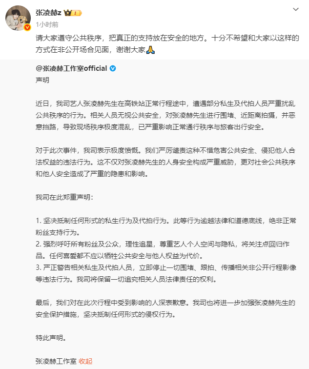 张凌赫回应高铁站遭私生代拍围堵