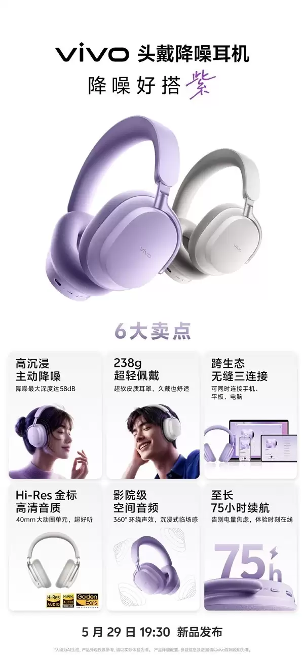 vivo推出首款旗舰降噪耳机 支持58dB深度降噪及75小时续航