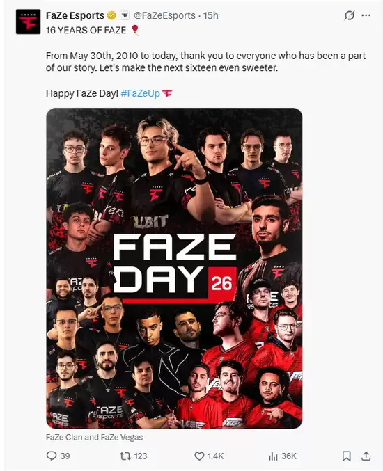 FaZe Clan电子竞技俱乐部庆祝成立16周年纪念日