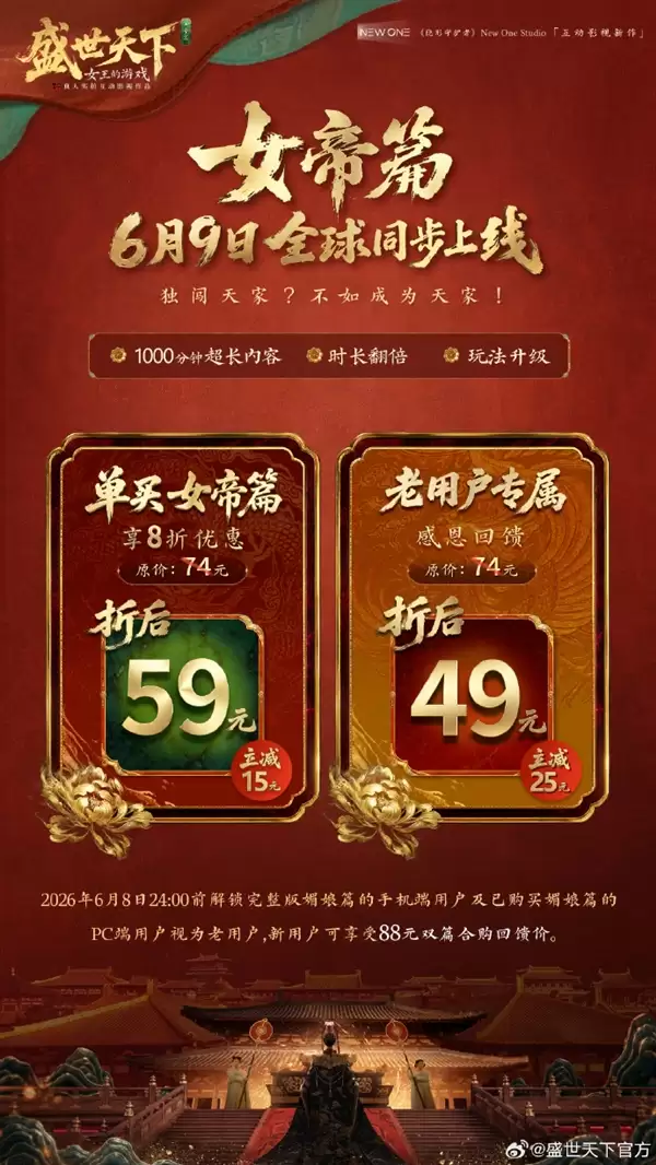百万销量国产影游续作！《盛世天下》女帝篇定价公开：首发59元