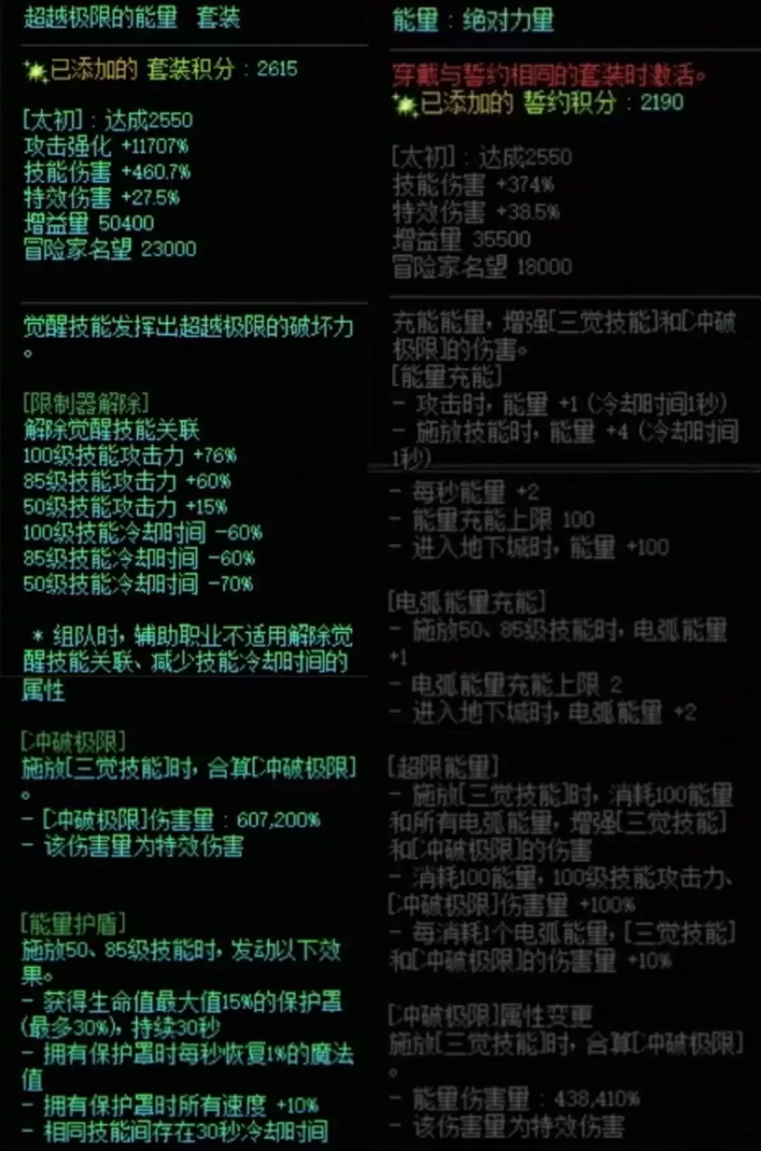 DNF究极能量与能量左搭配属性一览