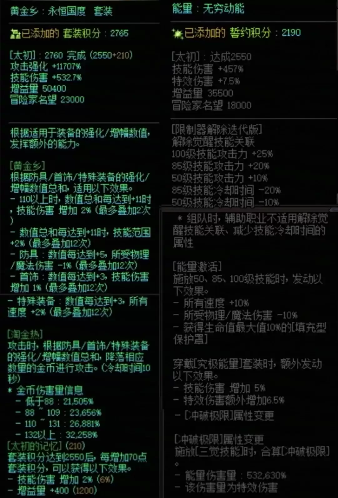 DNF黄金乡与能量誓约搭配属性一览