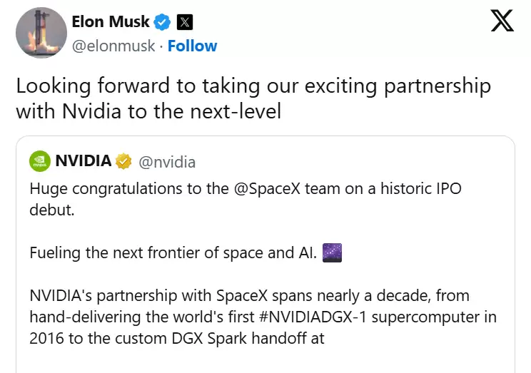 太空算力新布局 SpaceX刚上市马斯克即邀黄仁勋共谋合作升级