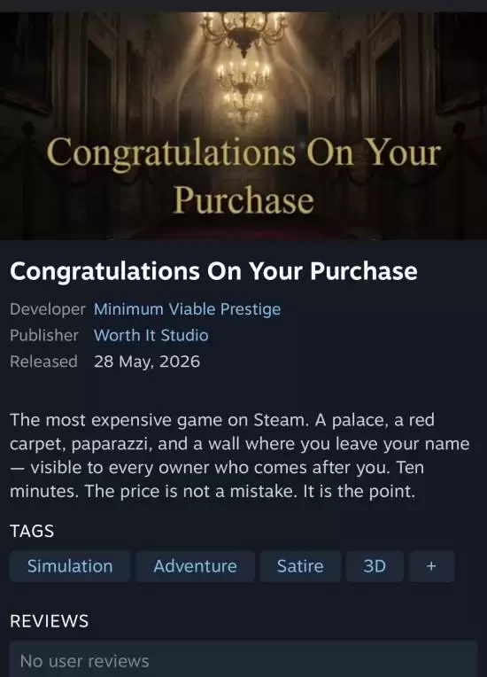 Steam史上最贵游戏上架：999.99美元尊贵铭刻引热