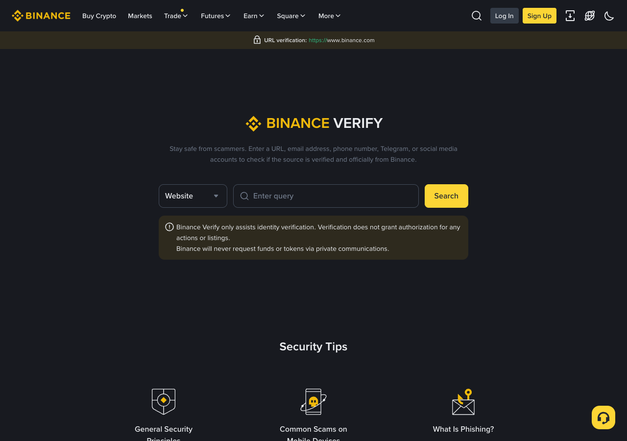 Binance Verify网址核验页面截图