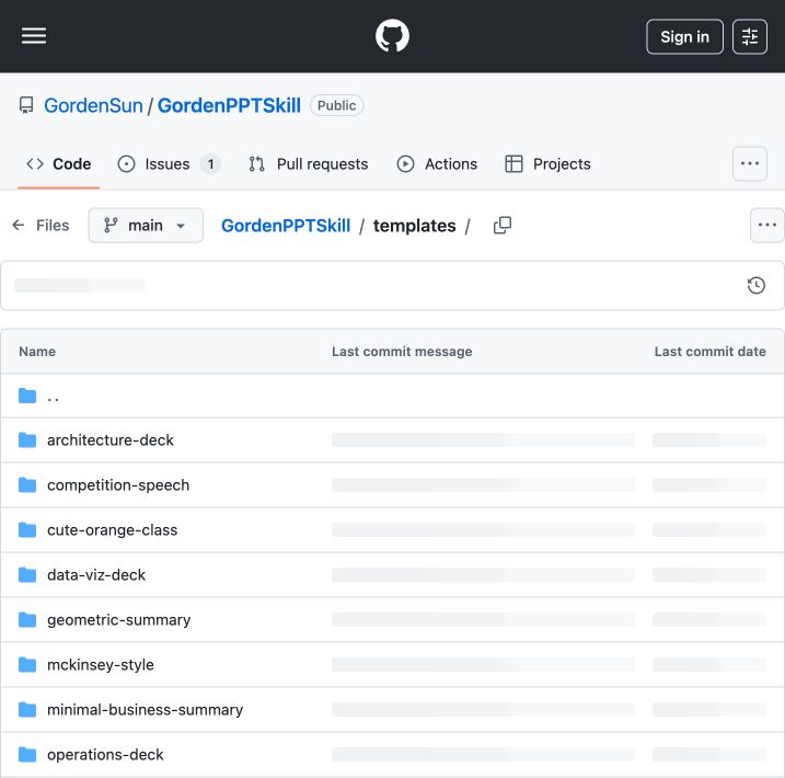 GordenPPTSkill GitHub 模板目录页面截图