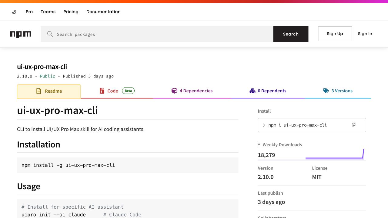 npm 上 ui-ux-pro-max-cli 包的安装和使用说明页面