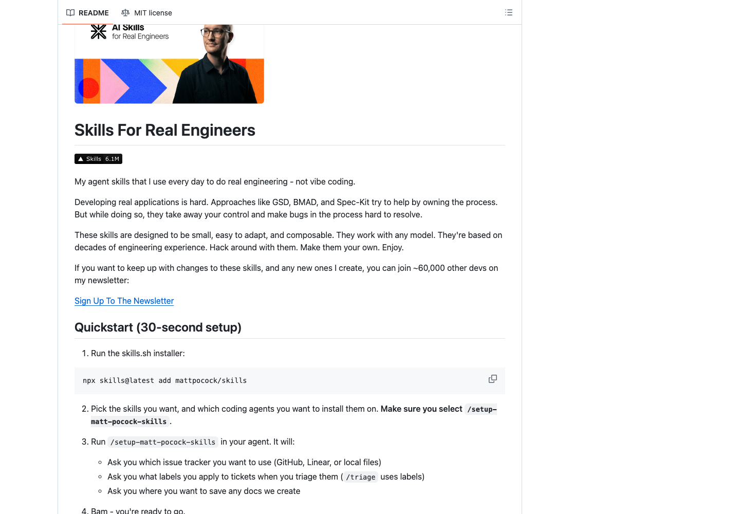 Matt Pocock Skills GitHub README Quickstart 安装命令截图