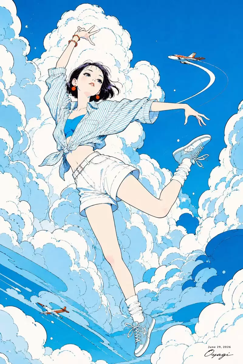 飘浮在夏日云端的动漫少女