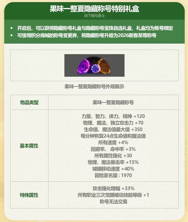 DNF2026夏日套至尊称号属性完整一览