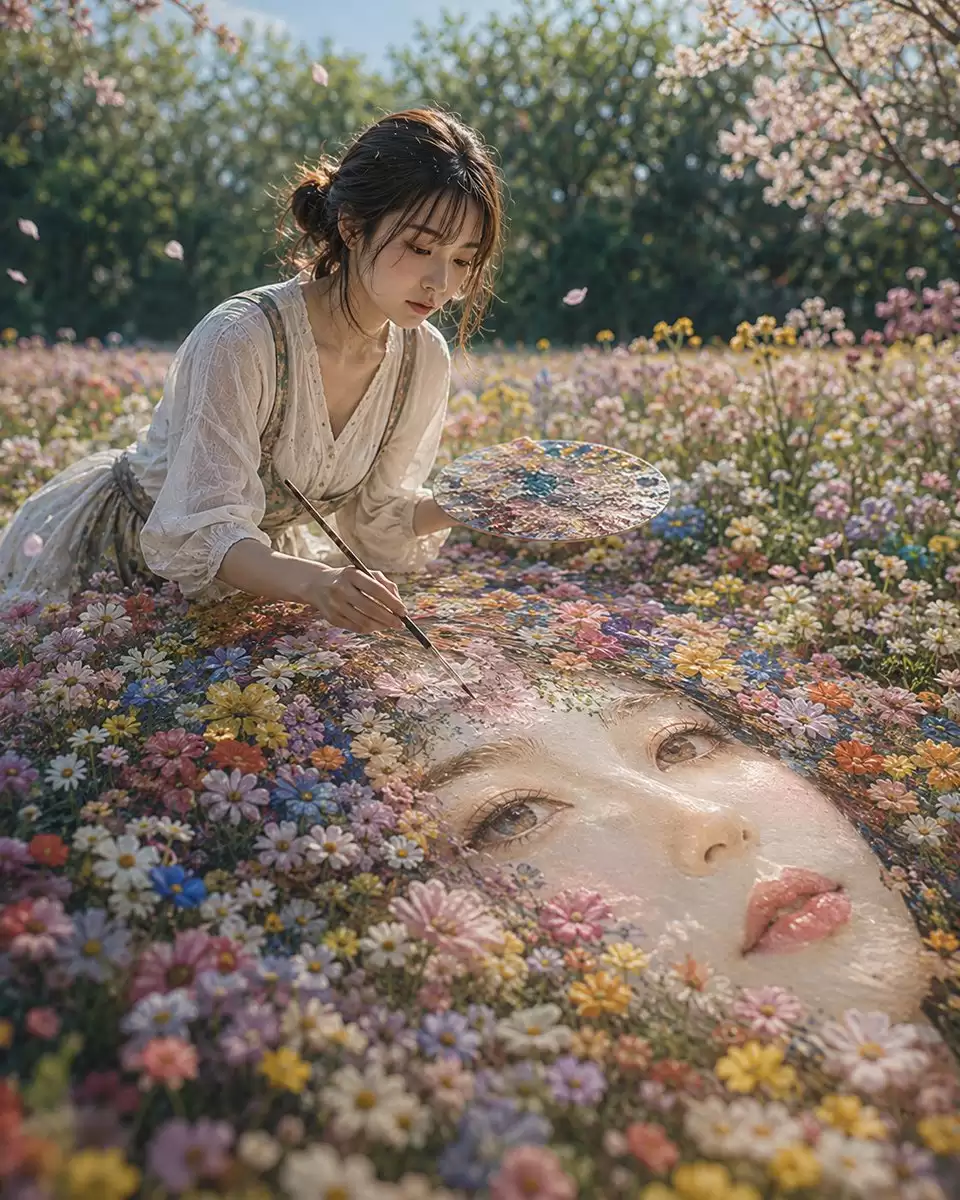 女子绘制花朵肖像