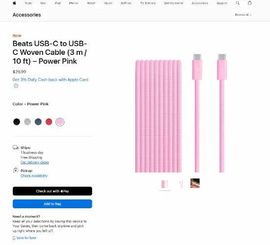 苹果官网上新Beats 3米USB-C编织线:五色可选含
