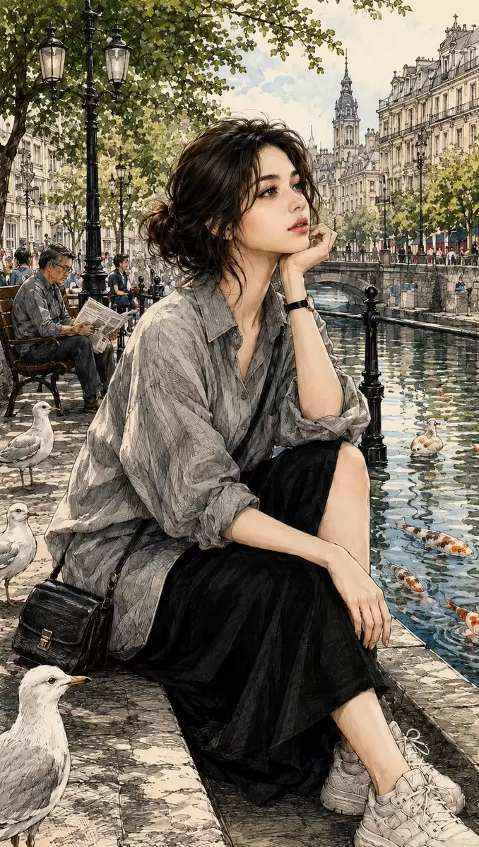 水彩墨线巴黎插画