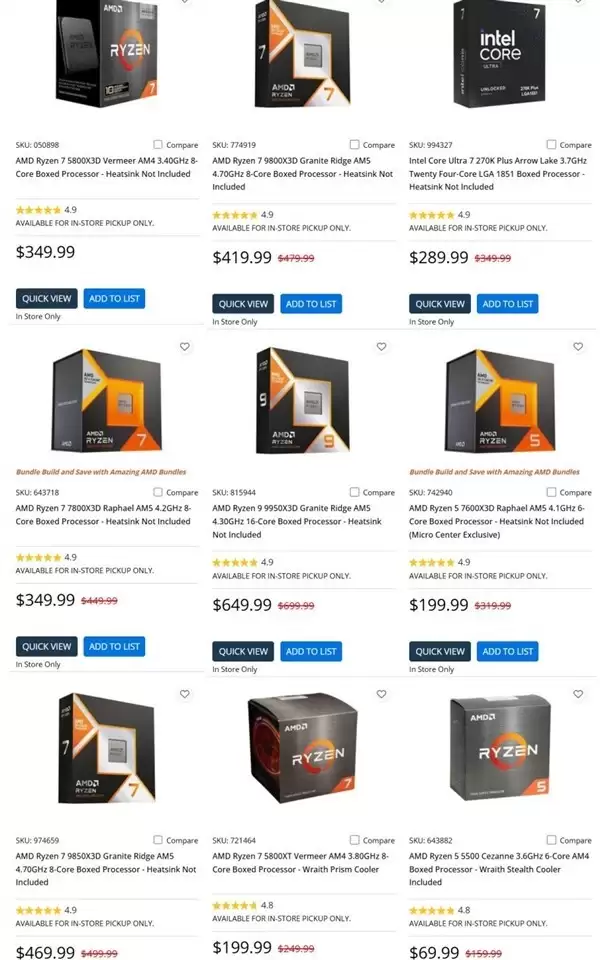 AMD锐龙X3D处理器霸占Micro Center销量前列