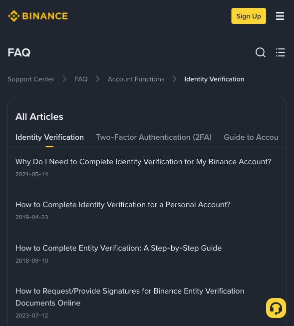 币安帮助中心身份认证 FAQ 列表