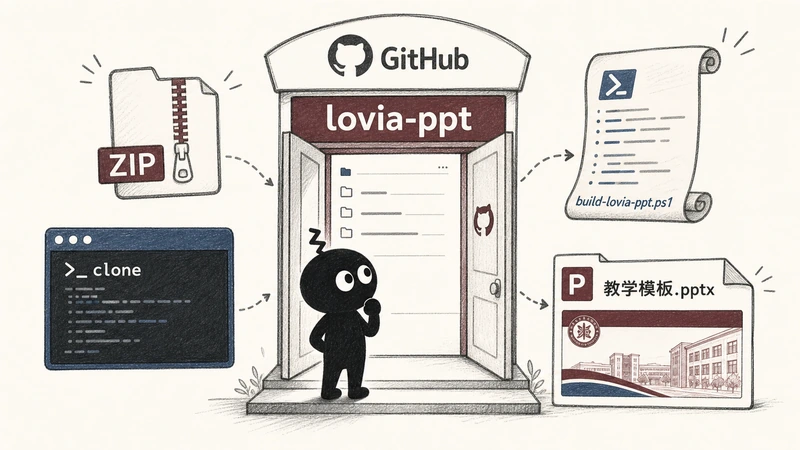 Ian 小黑站在 CamelopardusLovia lovia-ppt 的 GitHub 入口前，旁边有 ZIP、clone、教学模板和 PowerShell 示例