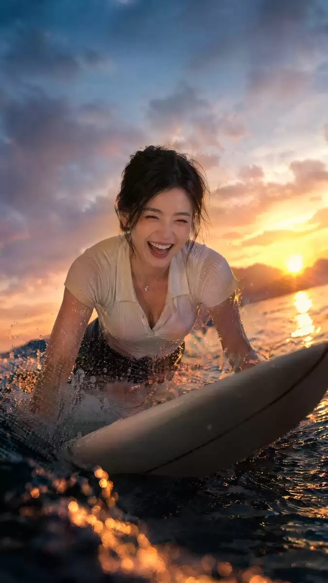 夕阳西下欢笑的冲浪者