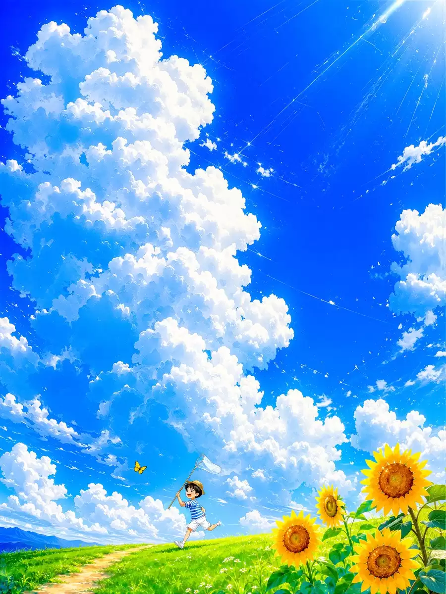 夏日晴空下追逐蝴蝶的男孩