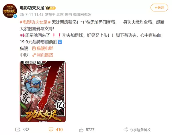 周星驰《功夫女足》首日票房破亿 连破3项影史纪录 官方发感谢文