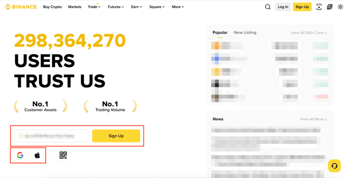 Binance 官方首页的邮箱输入框和 Sign Up 注册按钮