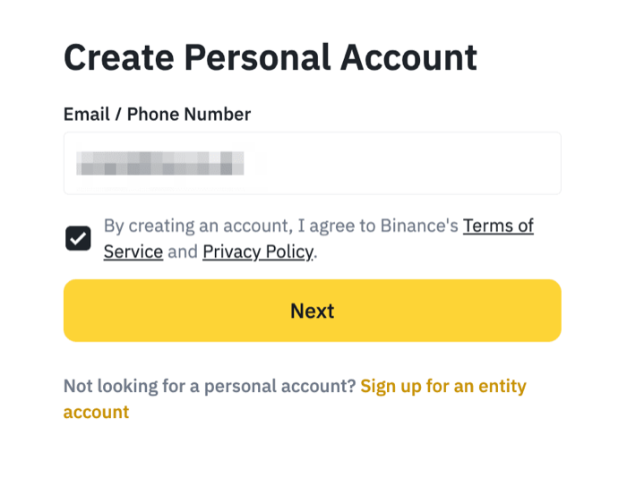 Binance 创建个人账号页面显示邮箱输入框、条款确认和 Next 按钮