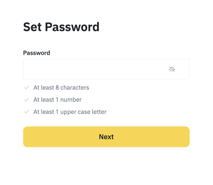 Binance 设置密码页面提示至少 8 个字符、1 个数字和 1 个大写字母