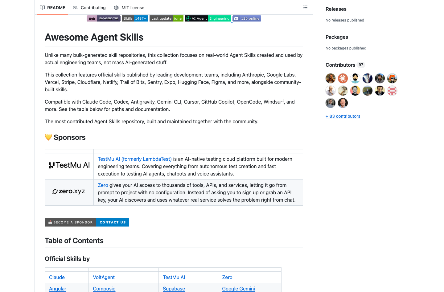 VoltAgent awesome-agent-skills README 页面,展示项目说明、兼容工具和目录入口