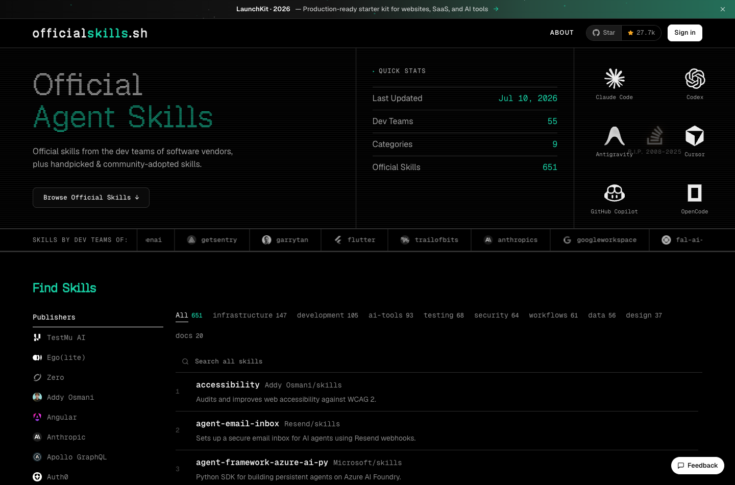 officialskills.sh 首页,展示官方 Agent Skills 数量、开发团队和分类搜索区域