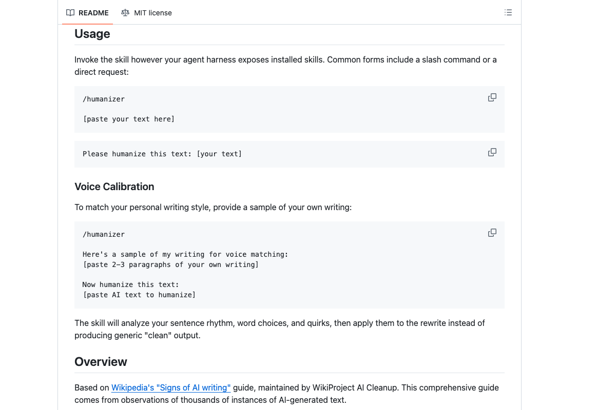 humanizer 官方 GitHub README 使用区截图展示 humanizer 调用方式