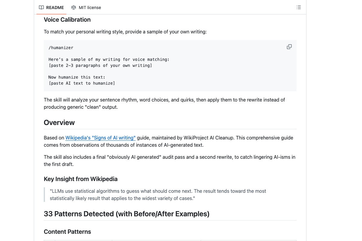 humanizer 官方 GitHub README 截图展示 Voice Calibration 语气校准说明