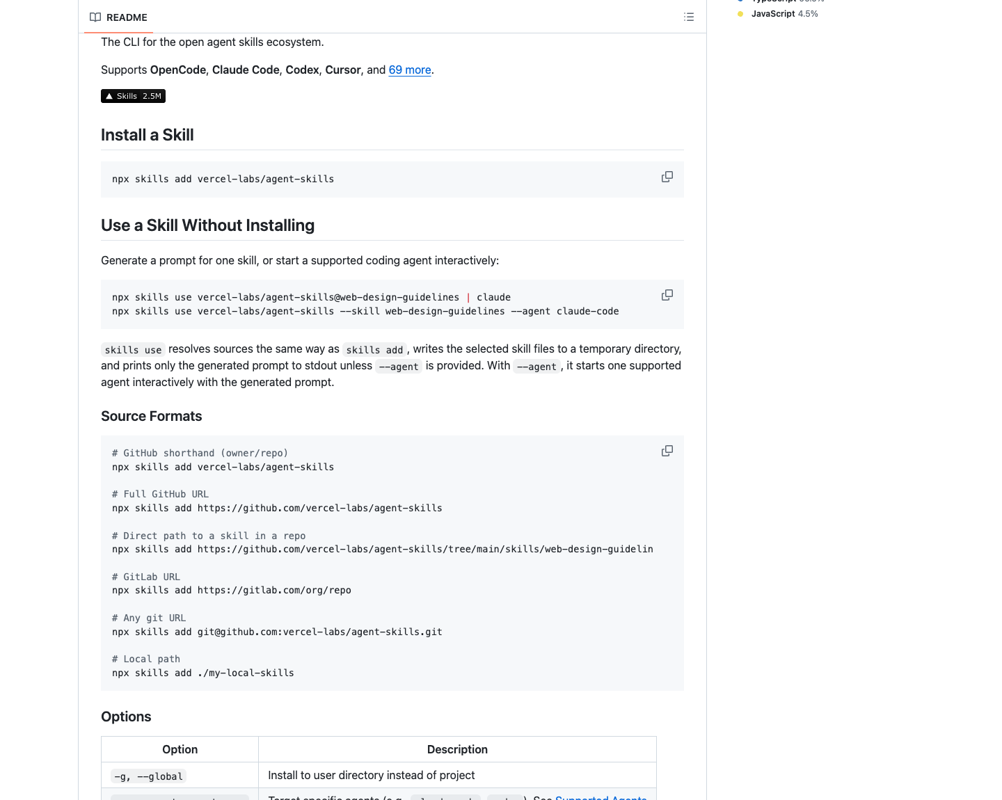 vercel-labs skills README 展示 use 命令,可在不安装时临时使用 Skill