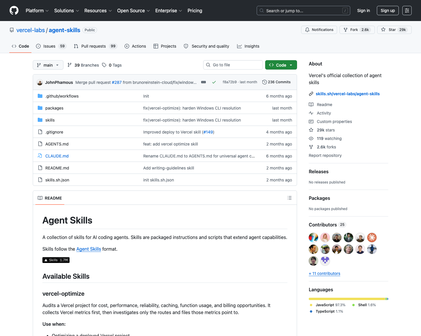 vercel-labs agent-skills GitHub 仓库首页,展示官方技能包集合定位