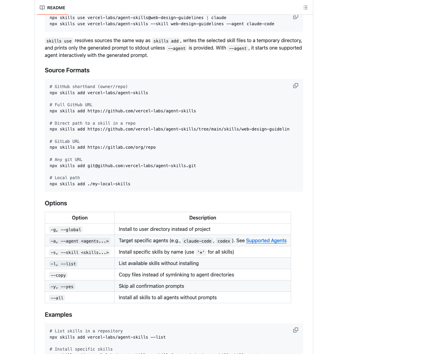 vercel-labs skills README 展示 Source Formats,包括 GitHub、GitLab、git URL 和本地路径