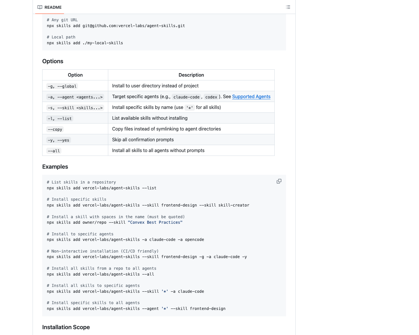 vercel-labs skills README 展示 Options 和 Examples 参数，包括 agent、skill、global 和 yes