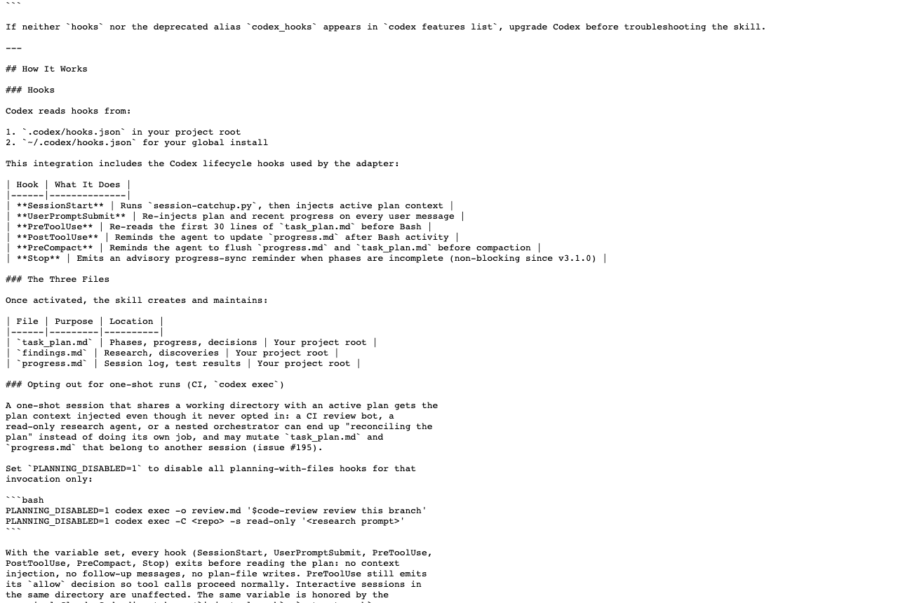 planning-with-files 官方 Codex 文档截图展示 SessionStart 和 UserPromptSubmit 等 hooks