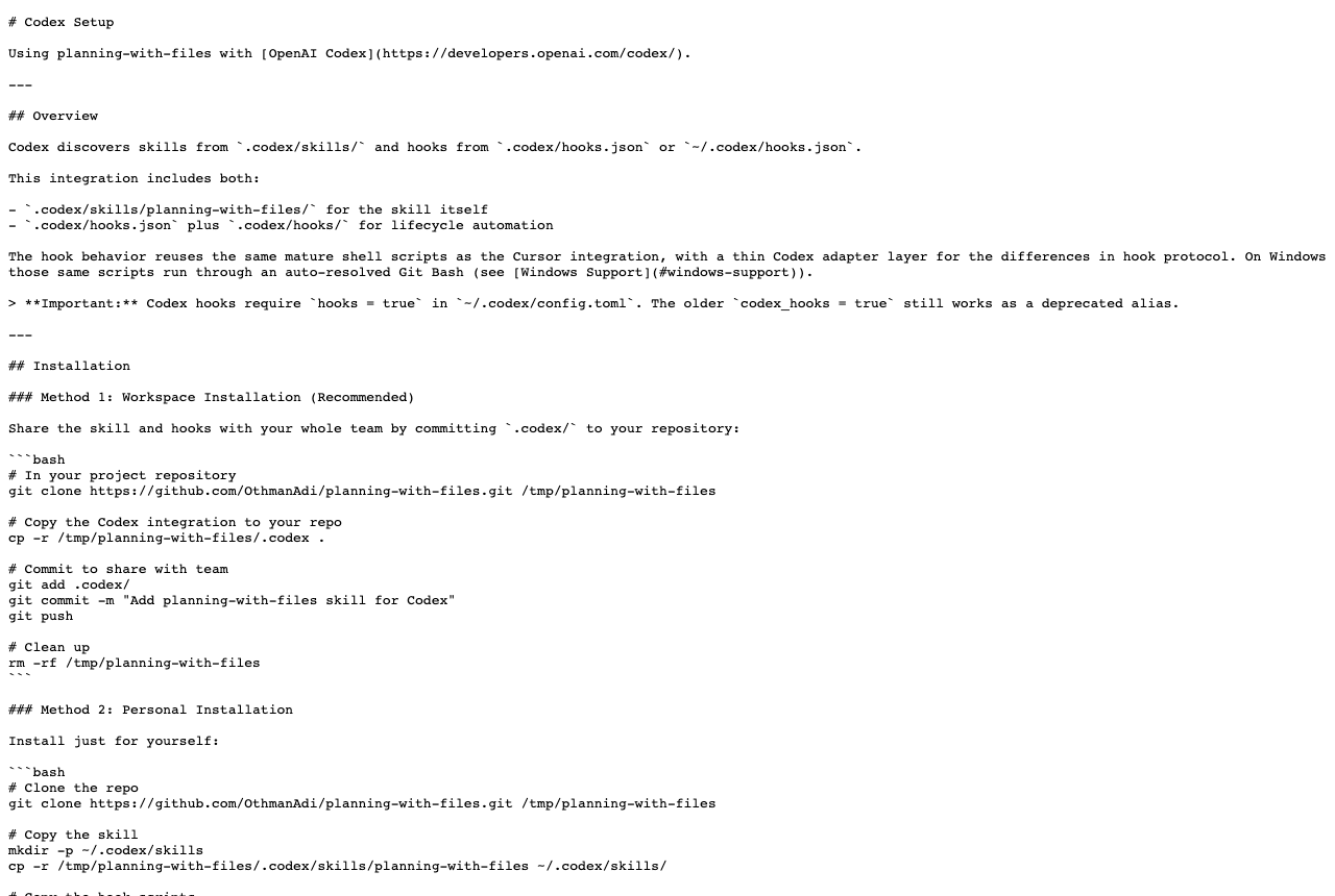 planning-with-files 官方 Codex 文档截图展示 Skill 和 hooks 发现路径