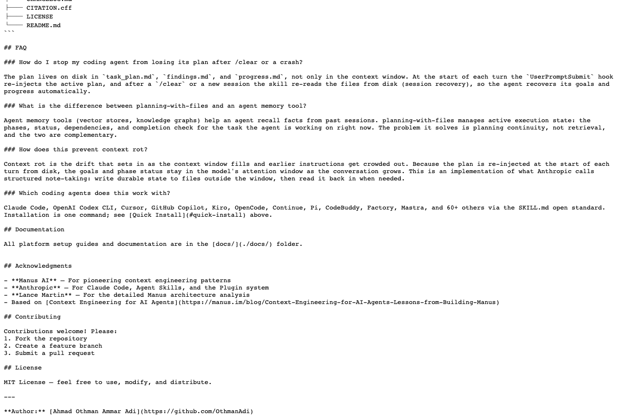 planning-with-files 官方 README FAQ 截图说明计划文件能在清上下文后恢复