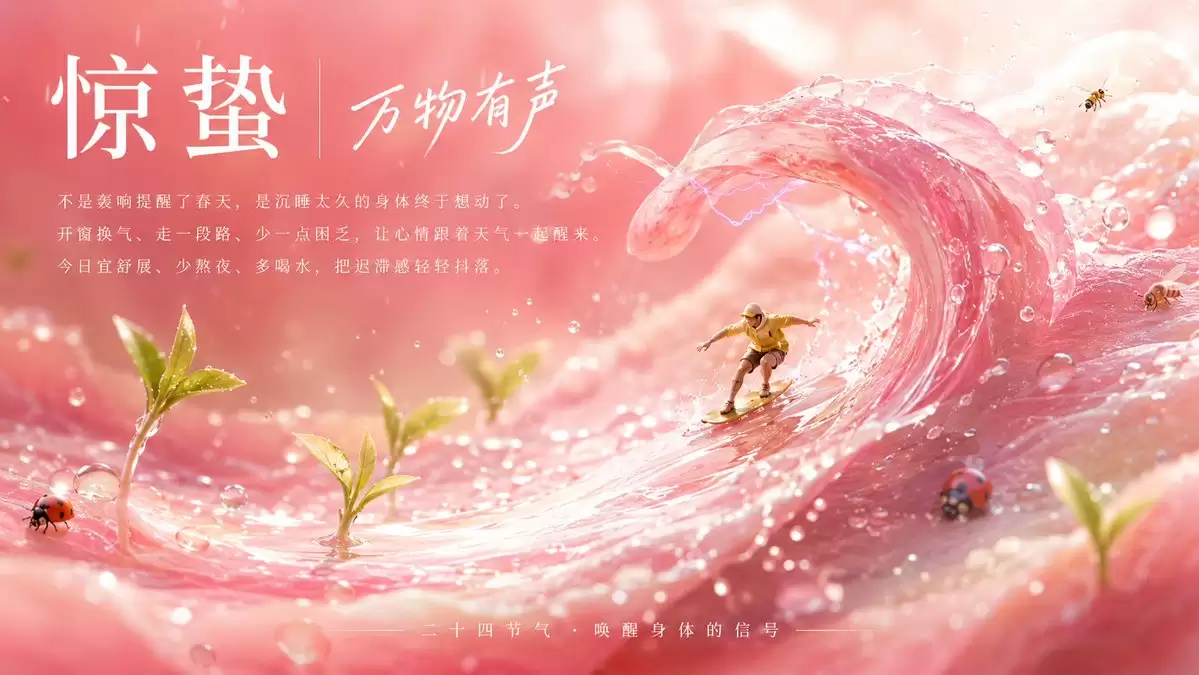 惊蛰粉红浪潮节气海报