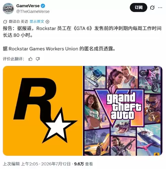 太拼了！《GTA6》员工周工时超80小时：高强度赶工引热议