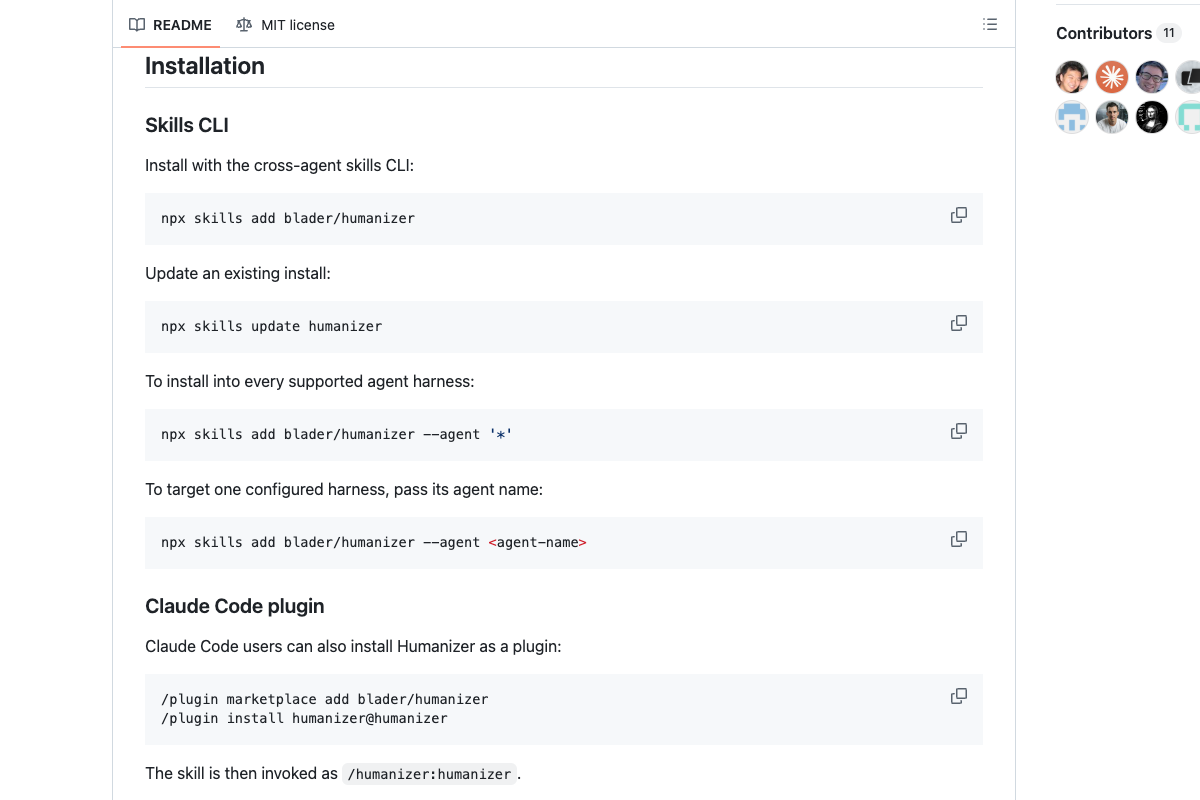 humanizer 官方 GitHub README 安装区截图展示 Skills CLI 安装命令